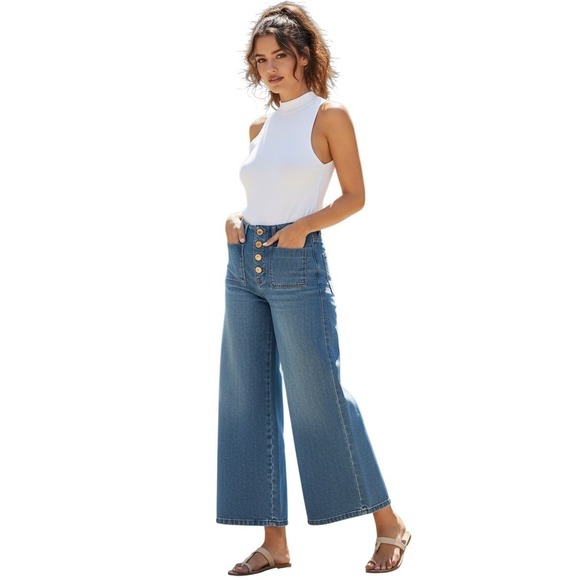 Zara Denim - ZARA Super High Rise 13" Wide Leg Jeans Blue Patch Pocket Button Fly 4 W26x25
